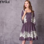 Artka Women's 2017 Spring Vintage Printed Dress Elegant Square Collar Three Quarter Sleeve Comfy Draped Dress LA11177C