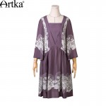 Artka Women's 2017 Spring Vintage Printed Dress Elegant Square Collar Three Quarter Sleeve Comfy Draped Dress LA11177C