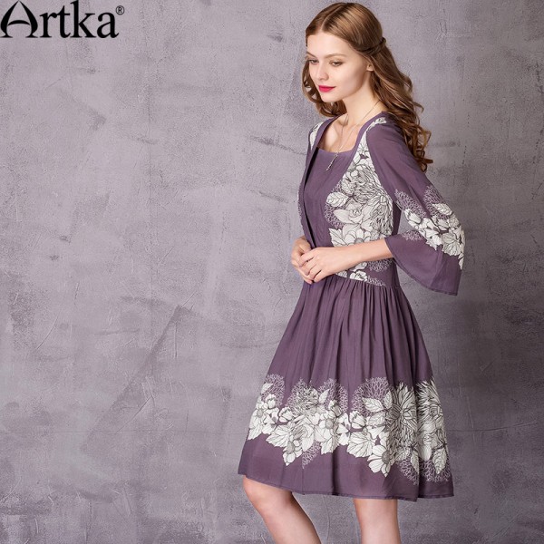 Artka Women's 2017 Spring Vintage Printed Dress Elegant Square Collar Three Quarter Sleeve Comfy Draped Dress LA11177C