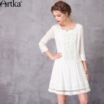 Artka Women's 2017 Spring White Cotton Embroidery Dress Vintage Square Collar Three Quarter Sleeve Dropped Waist Dress LA11070C
