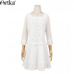 Artka Women's 2017 Spring White Cotton Embroidery Dress Vintage Square Collar Three Quarter Sleeve Dropped Waist Dress LA11070C