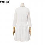 Artka Women's 2017 Spring White Cotton Embroidery Dress Vintage Square Collar Three Quarter Sleeve Dropped Waist Dress LA11070C