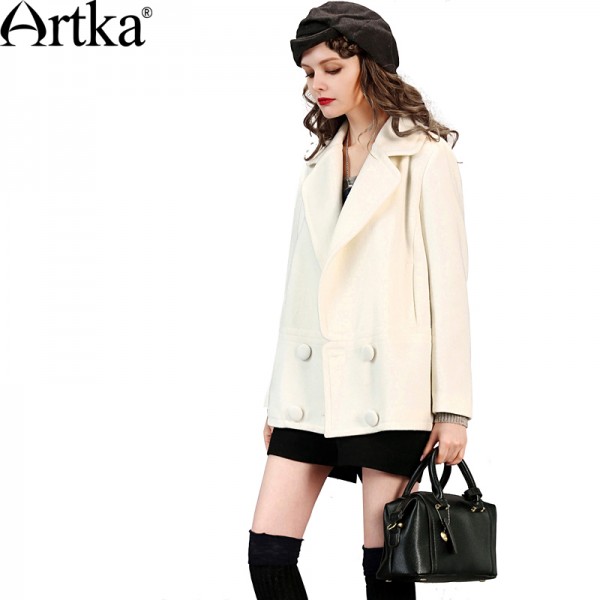 Artka Women's Autumn New 2 Colors Double Breasted Woolen Coat Vintage Turn-down Collar Long Sleeve Wide-waisted Coat WA10062Q 