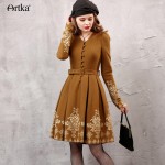 Artka Women's Autumn New Arrival Vintage Embroidered V-Neck Long Sleeve Woolen Dress Attached Belt Dress LA10653Q