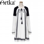 Artka Women's Autumn New Boho Style Hollow Out Embroidery Patchwork Dress Vintage O-Neck Long Sleeve Loose Style Dress LA14158C