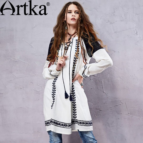 Artka Women's Autumn New Boho Style Hollow Out Embroidery Patchwork Dress Vintage O-Neck Long Sleeve Loose Style Dress LA14158C