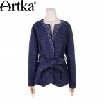 Artka Women's Autumn New Embroidery Drop-shoulder Sleeve Woolen Coat Vintage Single Breasted Slim Fit Coat With Sashes WA10568Q