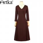 Artka Women's Autumn New Solid Color Casual A-Line Dress Vinatge V-Neck Three Quarter Sleeve Slim Fit  Wide Hem Dress ZA10759Q