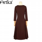 Artka Women's Autumn New Solid Color Casual A-Line Dress Vinatge V-Neck Three Quarter Sleeve Slim Fit  Wide Hem Dress ZA10759Q