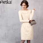 Artka Women's Autumn New Solid Color Knitting&Lace Patchwork Embroidery Dress Slash Neck Long Sleeve Slim Fit Dress LA11151Q