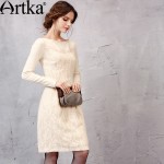 Artka Women's Autumn New Solid Color Knitting&Lace Patchwork Embroidery Dress Slash Neck Long Sleeve Slim Fit Dress LA11151Q