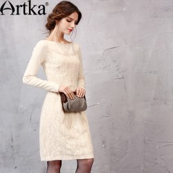Artka Women's Autumn New Solid Color Knitting&Lace Patchwork Embroidery Dress Slash Neck Long Sleeve Slim Fit Dress LA11151Q