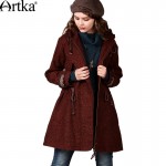Artka Women's Autumn New Vintage Ethnic Embroidery Patchwork Drawstring Slim Woolen Hooded Coat FA10541Q