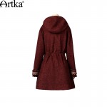 Artka Women's Autumn New Vintage Ethnic Embroidery Patchwork Drawstring Slim Woolen Hooded Coat FA10541Q
