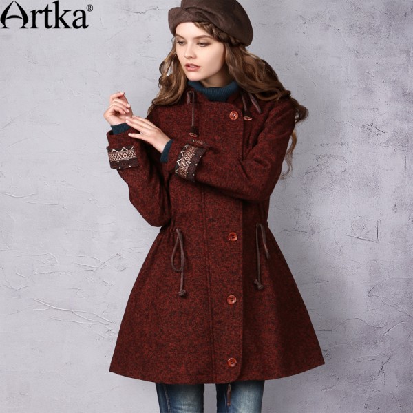 Artka Women's Autumn New Vintage Ethnic Embroidery Patchwork Drawstring Slim Woolen Hooded Coat FA10541Q