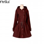 Artka Women's Autumn New Vintage Ethnic Embroidery Patchwork Drawstring Slim Woolen Hooded Coat FA10541Q