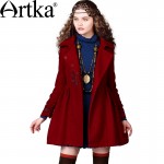 Artka Women's Autumn New Vintage Turn Down Collar Full Sleeve Slim Gathering Waist Embroidery Woolen Coat FA10242D