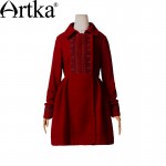 Artka Women's Autumn New Vintage Turn Down Collar Full Sleeve Slim Gathering Waist Embroidery Woolen Coat FA10242D