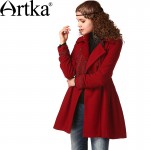 Artka Women's Autumn New Vintage Turn Down Collar Full Sleeve Slim Gathering Waist Embroidery Woolen Coat FA10242D