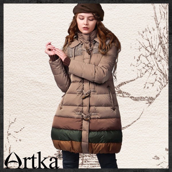 Artka Women's Autumn Winter Vintage Hooded Collar Long Sleeve Contrast Color Midi Pattern Thick Down Jacket YK12348D Artka Women's Autumn Winter Vintage Hooded Collar Long Sleeve Contrast Color Midi Pattern Thick Down Jacket YK12348D