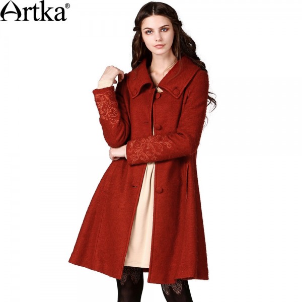 Artka Women's Autumn Winter Vintage Turn Down Collar Long Embroidery Sleeve Single Breasted Midi Pattern Wool Coat FA10240Q