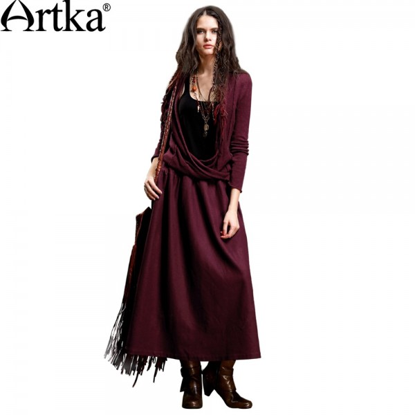 Artka Women's Bohemian Style Solid Color  Knit Dress Stacked Collar Long Sleeve  Ankle-length Comfy Dress LA15158Q