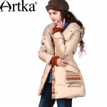 Artka Women's Boho Winter Vintage Hooded Full Sleeve Outerwear Embroidery Drawstring Adjustable Waist Down Coat ZK13647D