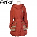 Artka Women's Boho Winter Vintage Hooded Full Sleeve Outerwear Embroidery Drawstring Adjustable Waist Down Coat ZK13647D