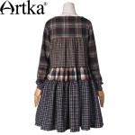 Artka Women's Casual Vintage Plaid Patchwork V-Neck Long Lantern Sleeve Single Breasted Cotton Dress WA10240C