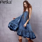 Artka Women's Denim Dress Big Pockets Design Fashion Lady Casual Washed Dresses Embroidery Decorate Ethnic Dress QN14155X