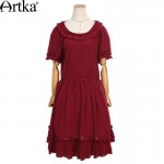 Artka Women's Retro Ethnic Red Dress 2015 Cool Summer New Arrival Vintage Lady Cotton Dresses Slim Ruffle Dresses LA14958X