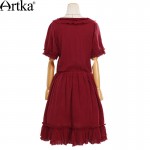 Artka Women's Retro Ethnic Red Dress 2015 Cool Summer New Arrival Vintage Lady Cotton Dresses Slim Ruffle Dresses LA14958X