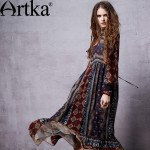 Artka Women's Spring Bohemian Deep O-Neck Drawstring Cinched Waist Frilled Swing Long Sleeve Light Chiffon Dress LA14356C