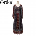 Artka Women's Spring Bohemian Deep O-Neck Drawstring Cinched Waist Frilled Swing Long Sleeve Light Chiffon Dress LA14356C