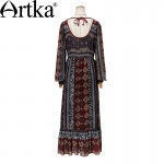 Artka Women's Spring Bohemian Deep O-Neck Drawstring Cinched Waist Frilled Swing Long Sleeve Light Chiffon Dress LA14356C