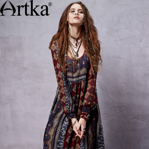 Artka Women's Spring Bohemian Deep O-Neck Drawstring Cinched Waist Frilled Swing Long Sleeve Light Chiffon Dress LA14356C