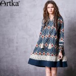 Artka Women's Spring Boho Fashion A-line One-piece Dress Long Sleeve Casual Blue Lace Shirt Dress Vestido LA10562Q