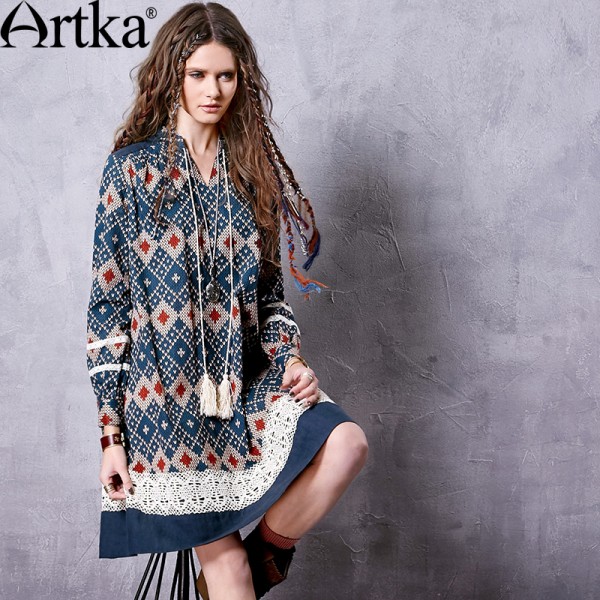 Artka Women's Spring Boho Fashion A-line One-piece Dress Long Sleeve Casual Blue Lace Shirt Dress Vestido LA10562Q