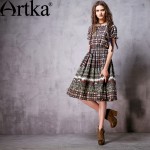 Artka Women's Spring New Boho Style Printed All-match Dress Vintage O-Neck Short Sleeve Empire Waist Wide Hem Dress LA13066C