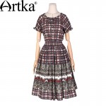 Artka Women's Spring New Boho Style Printed All-match Dress Vintage O-Neck Short Sleeve Empire Waist Wide Hem Dress LA13066C
