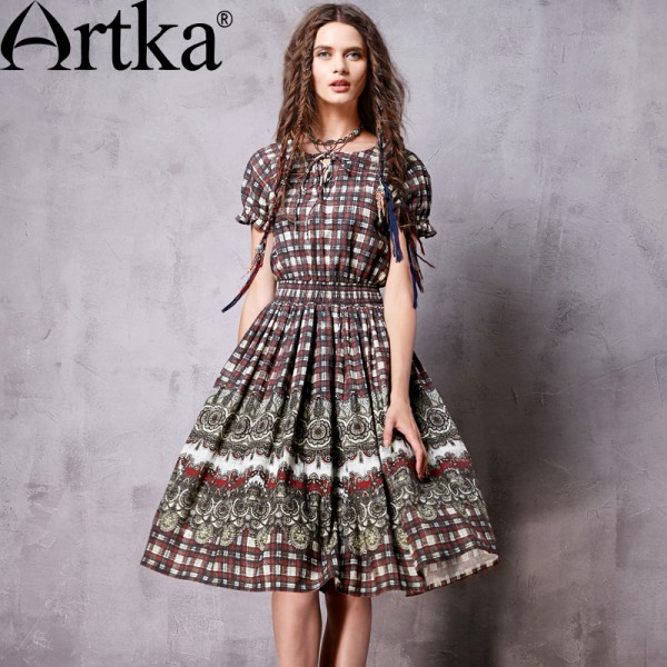 Artka Women's Spring New Boho Style Printed All-match Dress Vintage O-Neck Short Sleeve Empire Waist Wide Hem Dress LA13066C