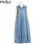 Artka Women's Spring New Boho Style Printed Denim Patchwork Dress Vintage Turn-down Collar Sleeveless Comfy Dress LN15262C