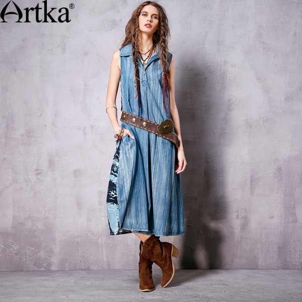 Artka Women's Spring New Boho Style Printed Denim Patchwork Dress Vintage Turn-down Collar Sleeveless Comfy Dress LN15262C