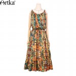 Artka Women's Spring New Boho Style Printed Spaghetti Strap Dress Vintage Cinched Waist Drawstring Wide Hem Dress LA11069C