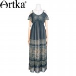 Artka Women's Spring New Comfy Printed Chiffon Dress Vintage V-Neck Off Shoulder Sleeve Empire Waist Wide Hem Dress LA16167C
