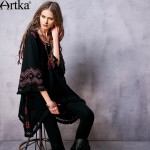 Artka Women's Spring New Ethnic Embroidery Asymmetrical Hem Dress O-neck Three Quarter Sleeve Dress With Tassel LA10763C