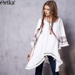 Artka Women's Spring New Ethnic Embroidery Asymmetrical Hem Dress O-neck Three Quarter Sleeve Dress With Tassel LA10763C