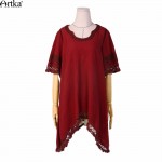 Artka Women's Spring New Ethnic Embroidery Asymmetrical Hem Dress O-neck Three Quarter Sleeve Dress With Tassel LA10763C