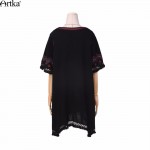 Artka Women's Spring New Ethnic Embroidery Asymmetrical Hem Dress O-neck Three Quarter Sleeve Dress With Tassel LA10763C