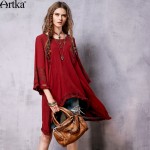 Artka Women's Spring New Ethnic Embroidery Asymmetrical Hem Dress O-neck Three Quarter Sleeve Dress With Tassel LA10763C